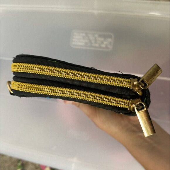 ⭐ 3/$15 Floral Embroidered Black Clutch Wallet W/ Blue Roses & Dual Gold Zippers - Picture 3 of 7